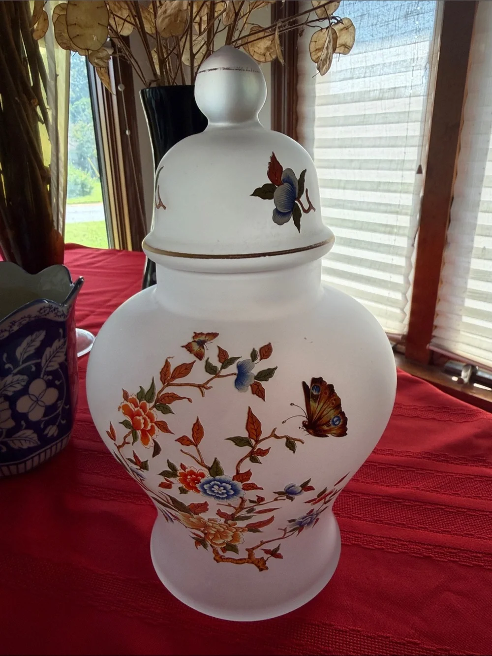 Decorative Frosted Glass Ginger Jar with Floral and Butterfly Motif - White
